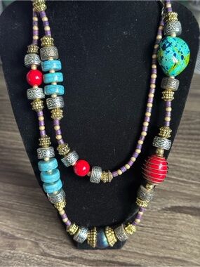 Talbots Vintage Chunky Boho Beaded Statement Necklace Turquoise Red 18 inches